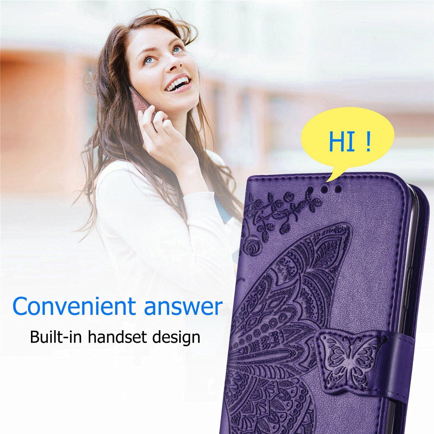 Étui portefeuille à rabat en cuir avec papillon en relief de luxe pour MOTO E7
