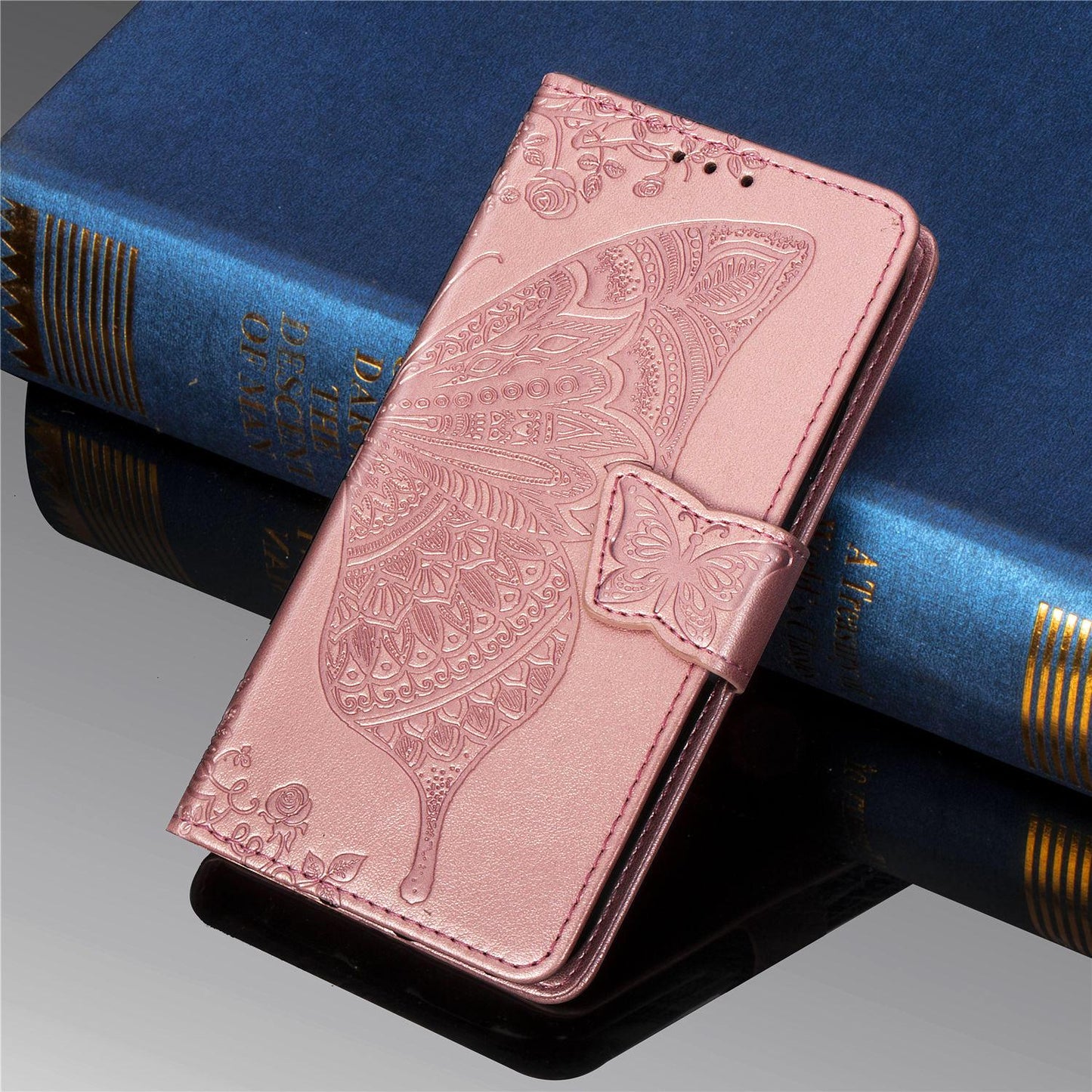 Étui portefeuille à rabat en cuir avec papillons gaufrés de luxe pour Samsung A40