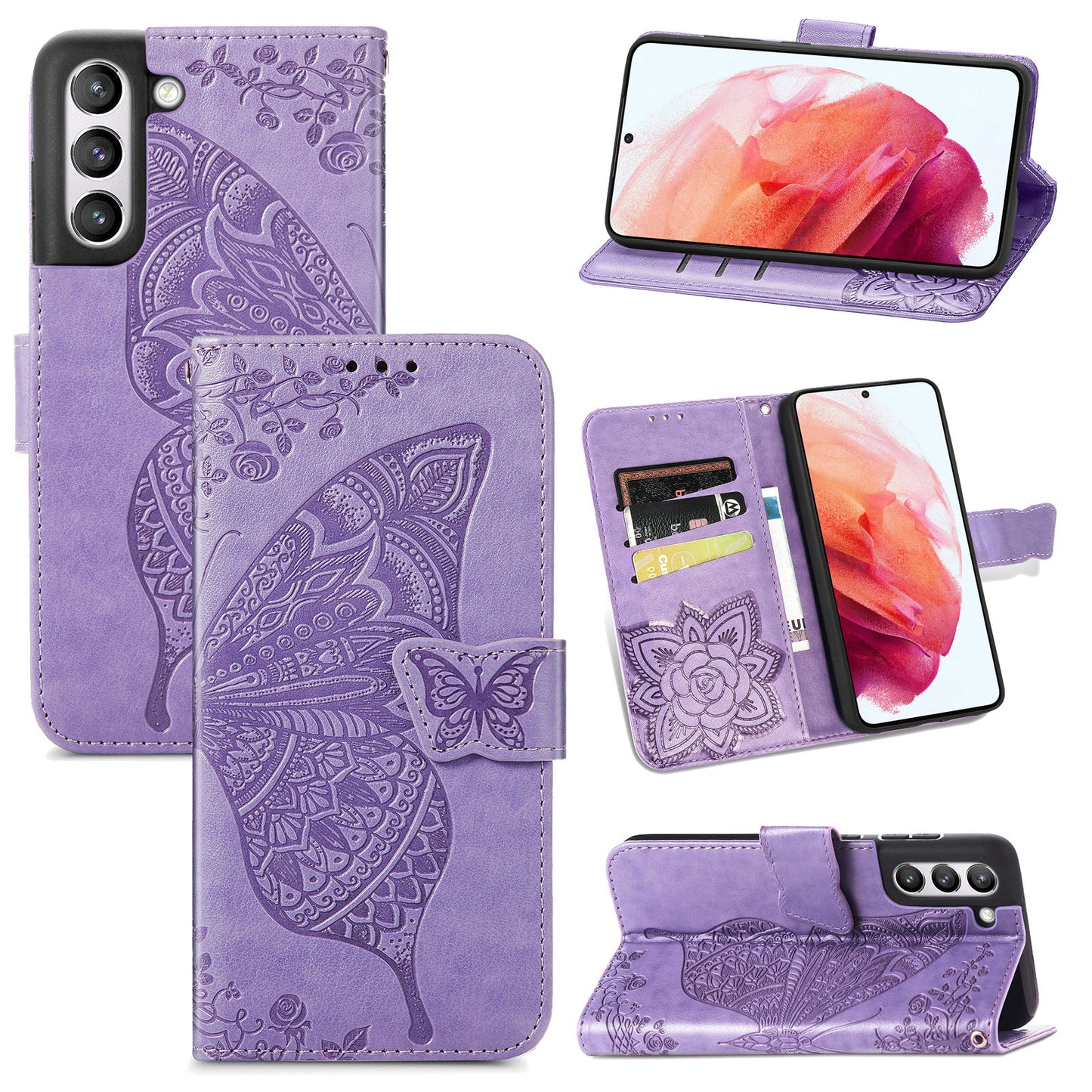 Étui portefeuille à rabat en cuir papillon gaufré de luxe pour Samsung Galaxy S21FE