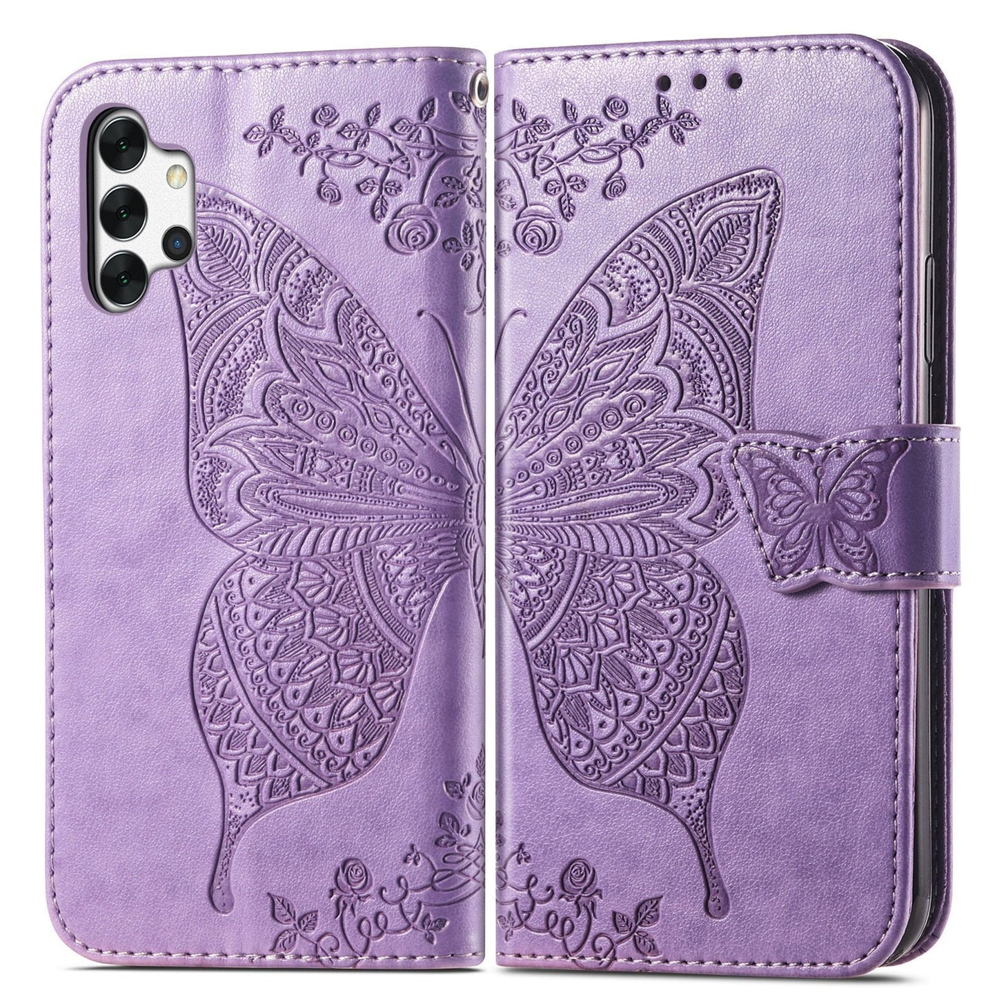 Étui portefeuille à rabat en cuir avec papillon en relief de luxe pour Samsung A32