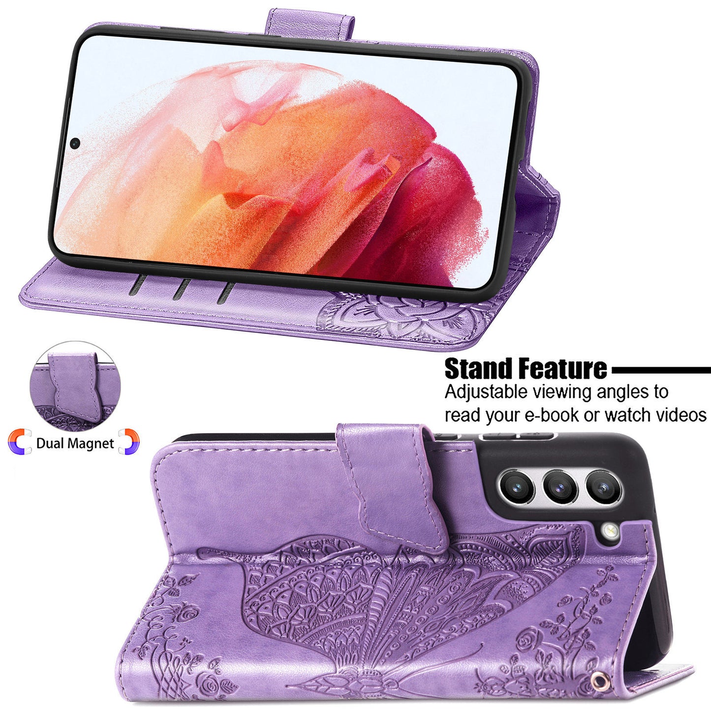 Étui portefeuille à rabat en cuir papillon gaufré de luxe pour Samsung Galaxy S21FE
