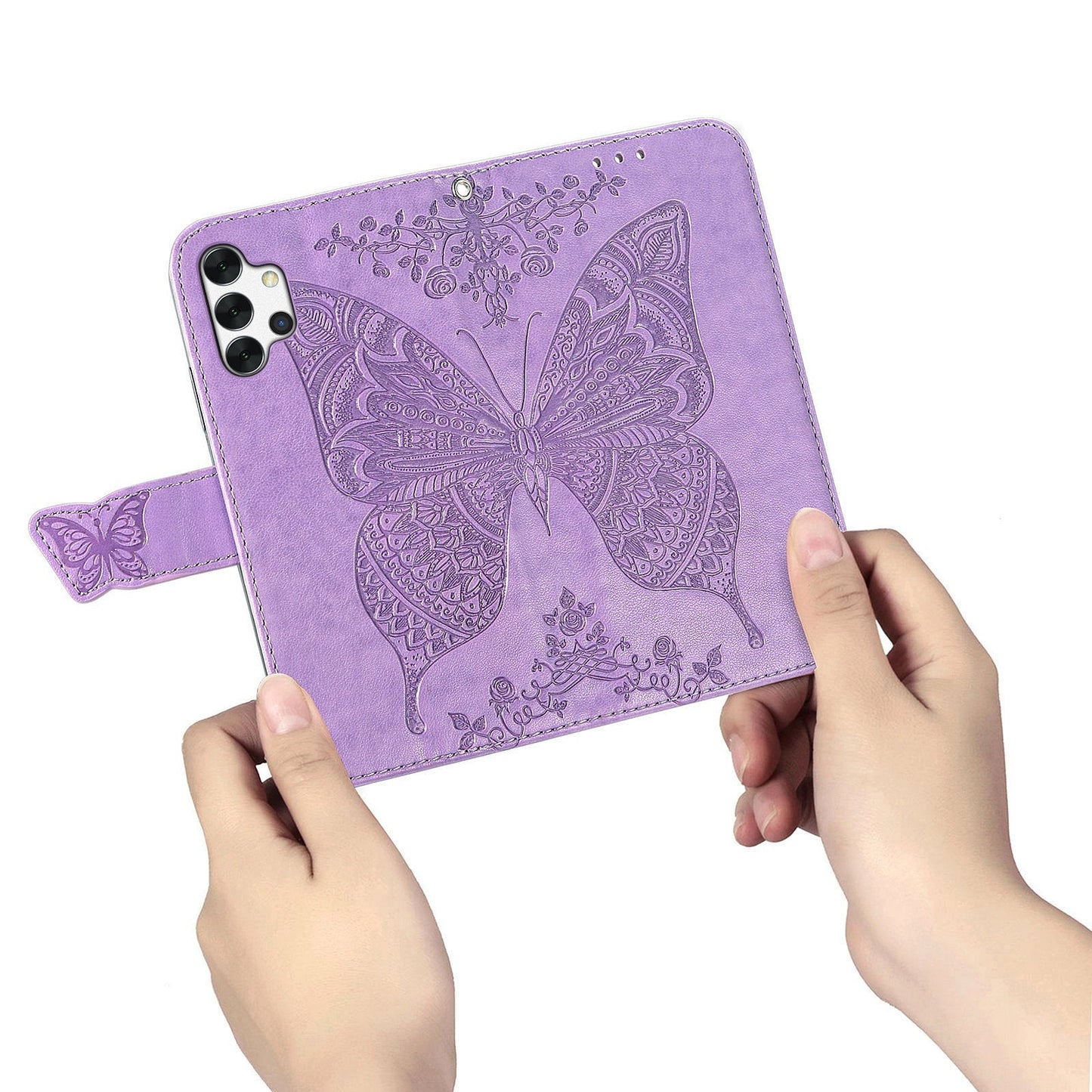 Étui portefeuille à rabat en cuir avec papillon en relief de luxe pour Samsung A32
