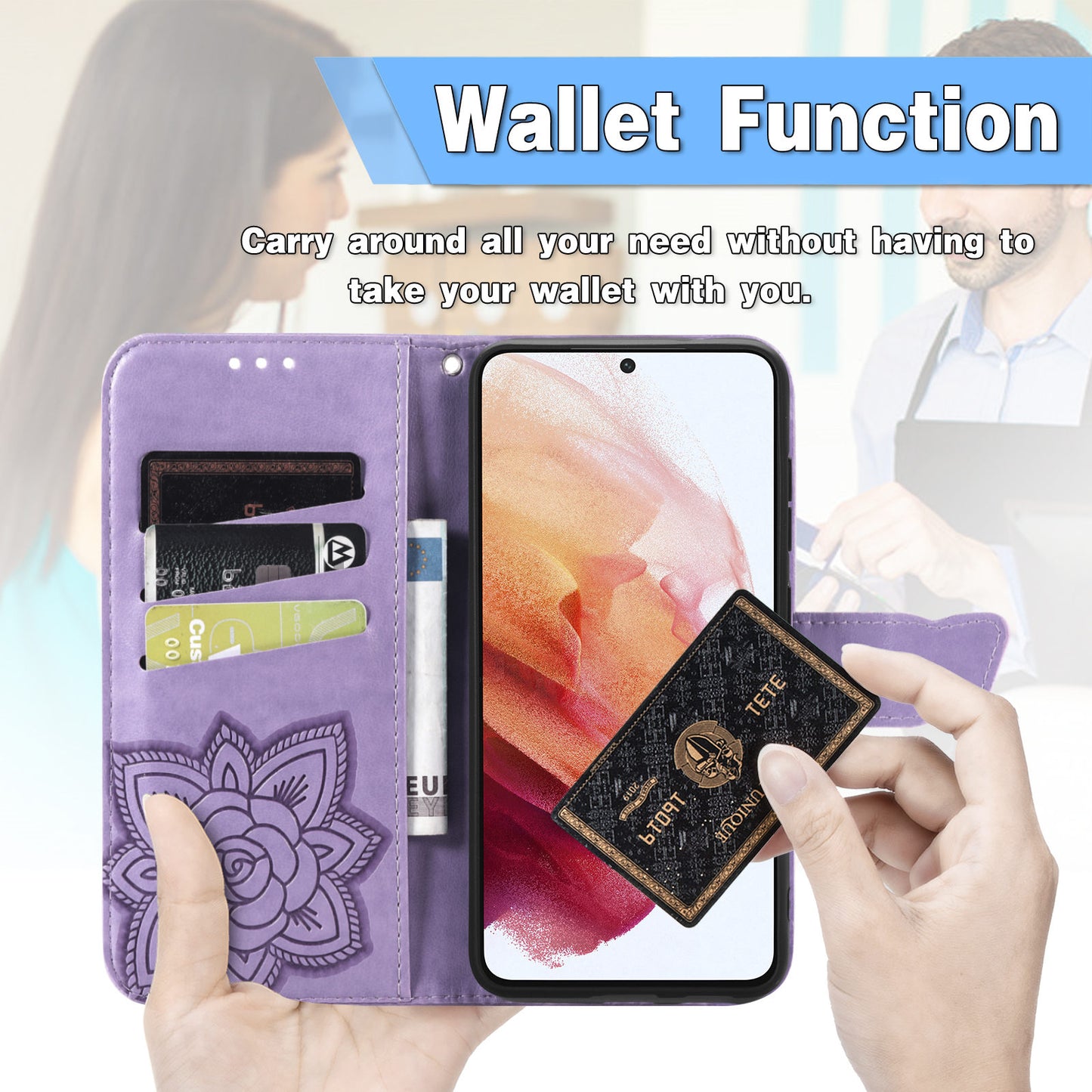 Étui portefeuille à rabat en cuir papillon gaufré de luxe pour Samsung Galaxy S21FE