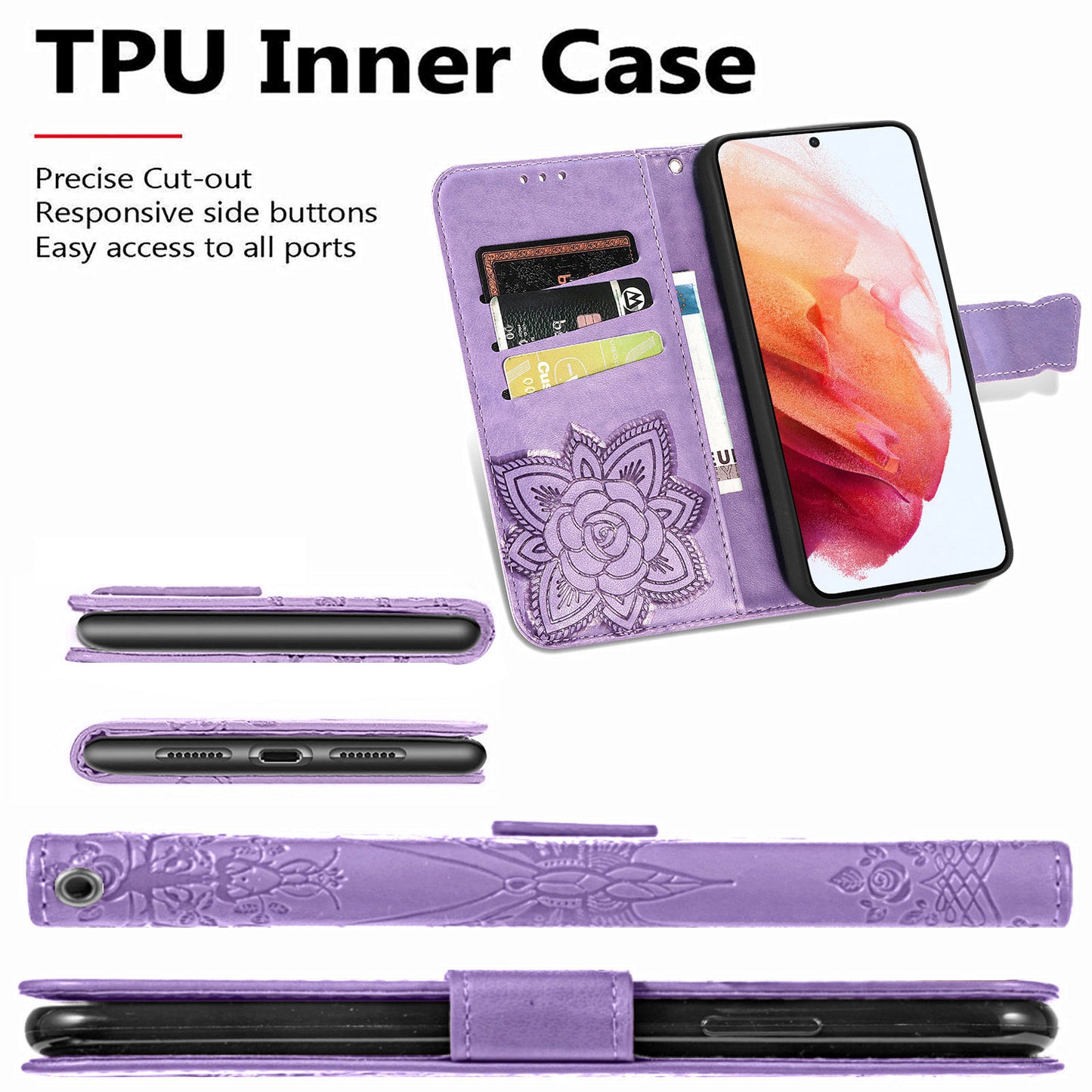 Étui portefeuille à rabat en cuir papillon gaufré de luxe pour Samsung Galaxy S21FE
