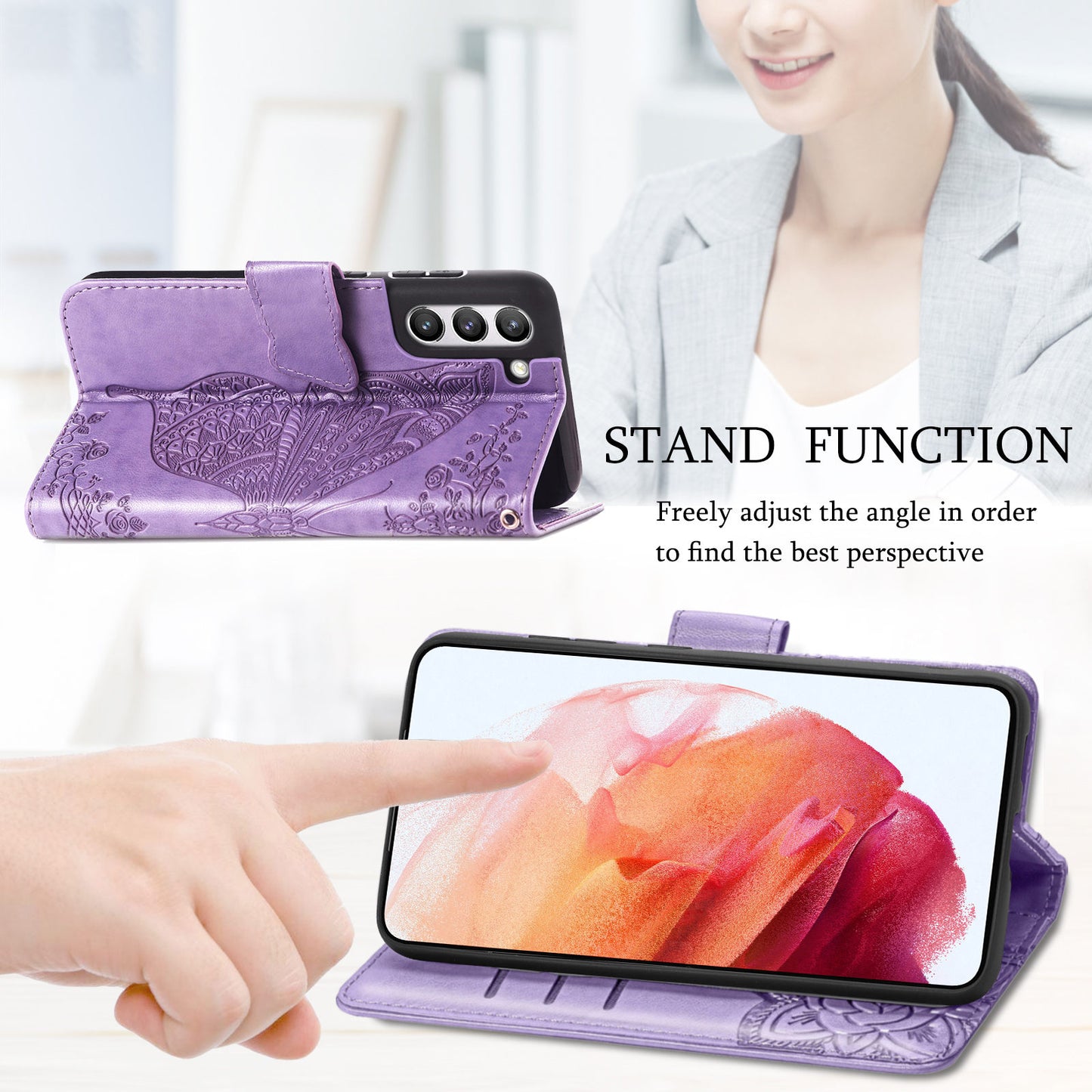 Étui portefeuille à rabat en cuir papillon gaufré de luxe pour Samsung Galaxy S21FE