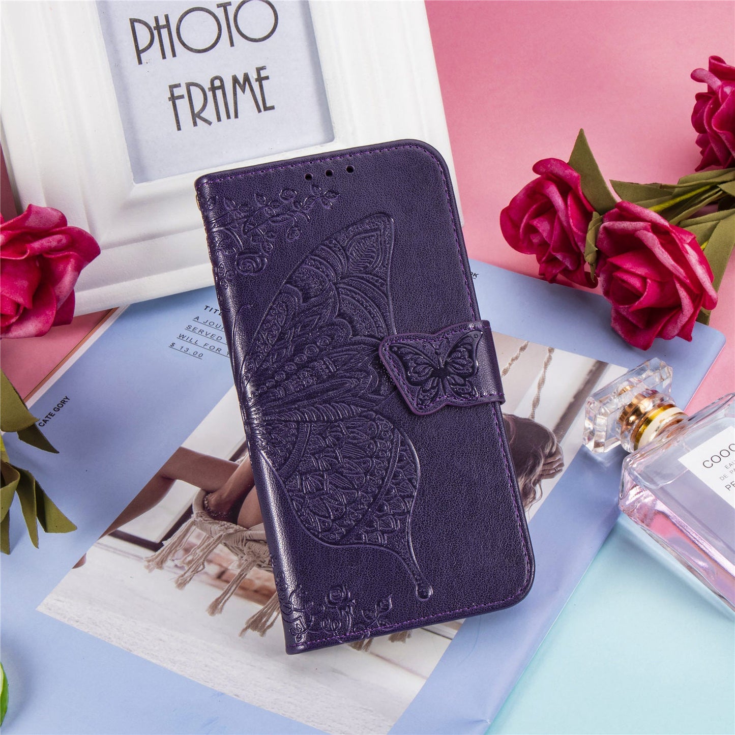 Luxury Embossed Butterfly Leather Wallet Flip Case for MOTO E6
