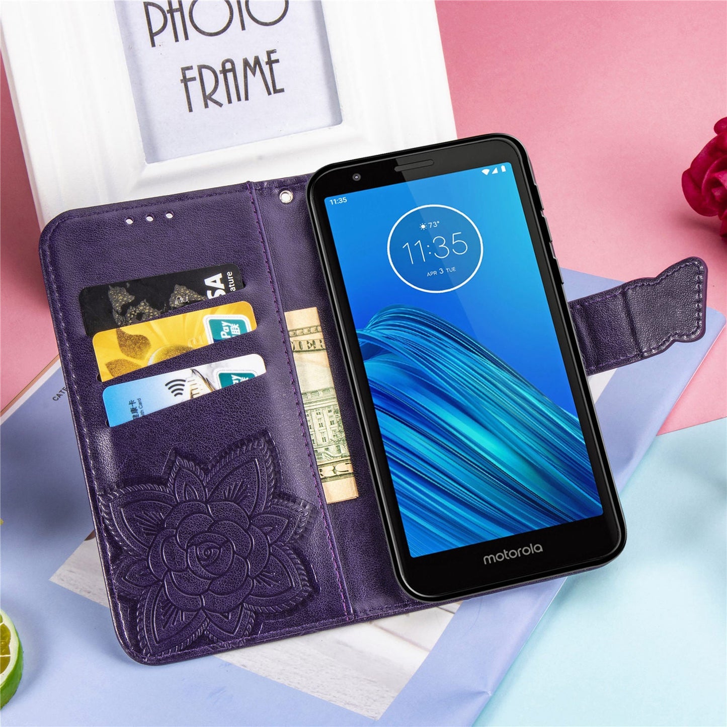 Luxury Embossed Butterfly Leather Wallet Flip Case for MOTO E6