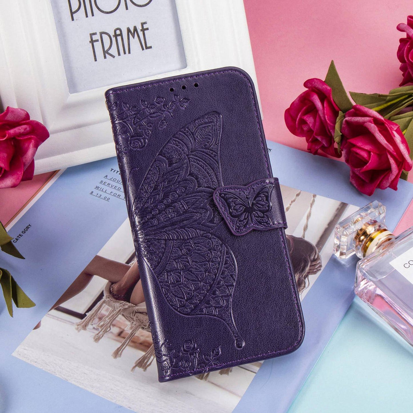 Étui Portefeuille de Luxe en Cuir Papillon Gaufré pour Samsung
