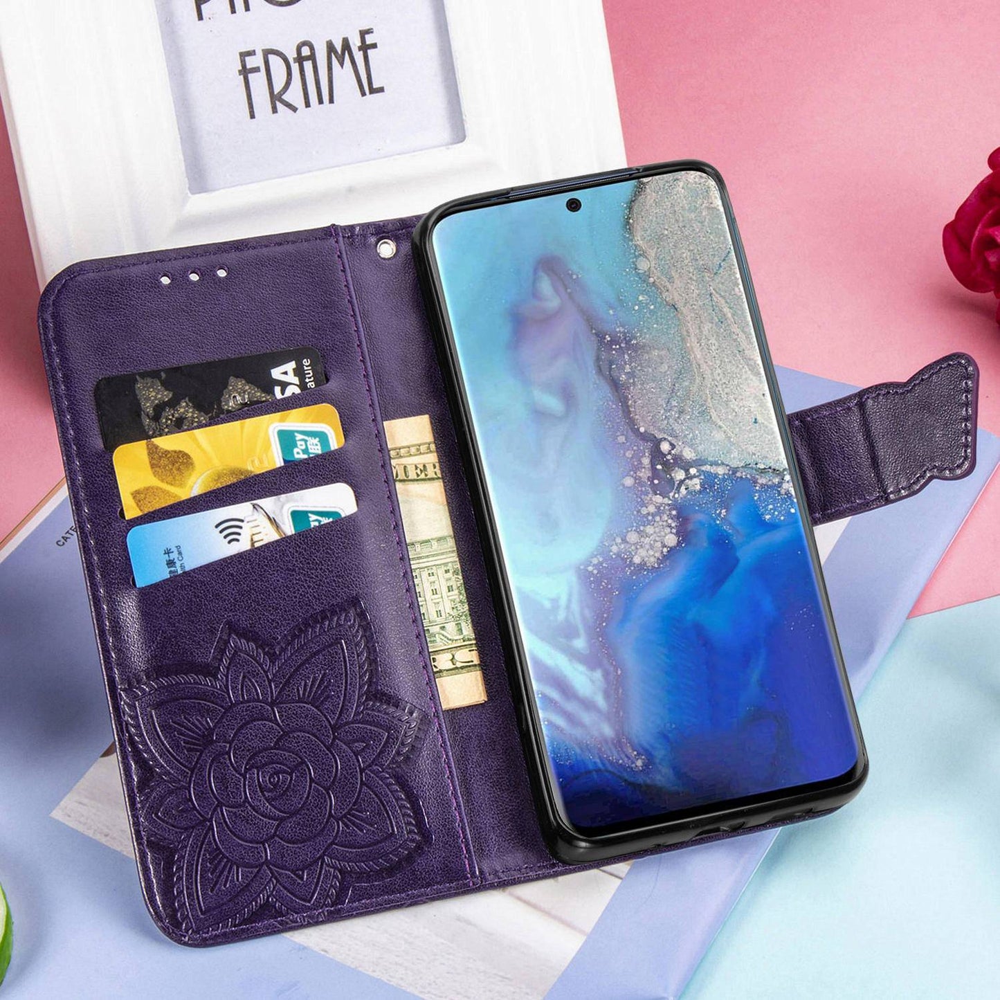 Étui Portefeuille de Luxe en Cuir Papillon Gaufré pour Samsung