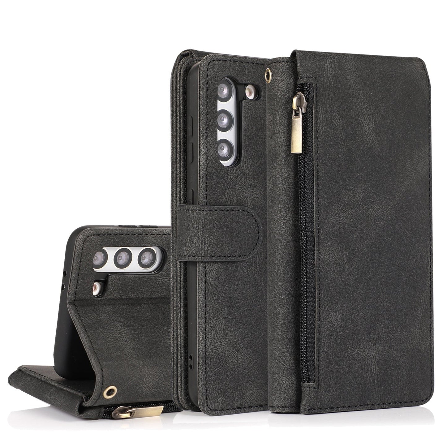 Étui en cuir à fermeture éclair multi-cartes avec toucher de peau de luxe pour la série Samsung