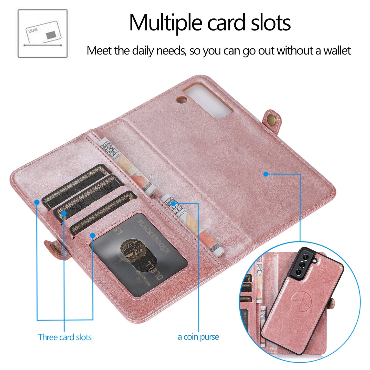 Multifunktionale, aufteilbare magnetische Handyhülle mit Brieftasche für Samsung S21FE