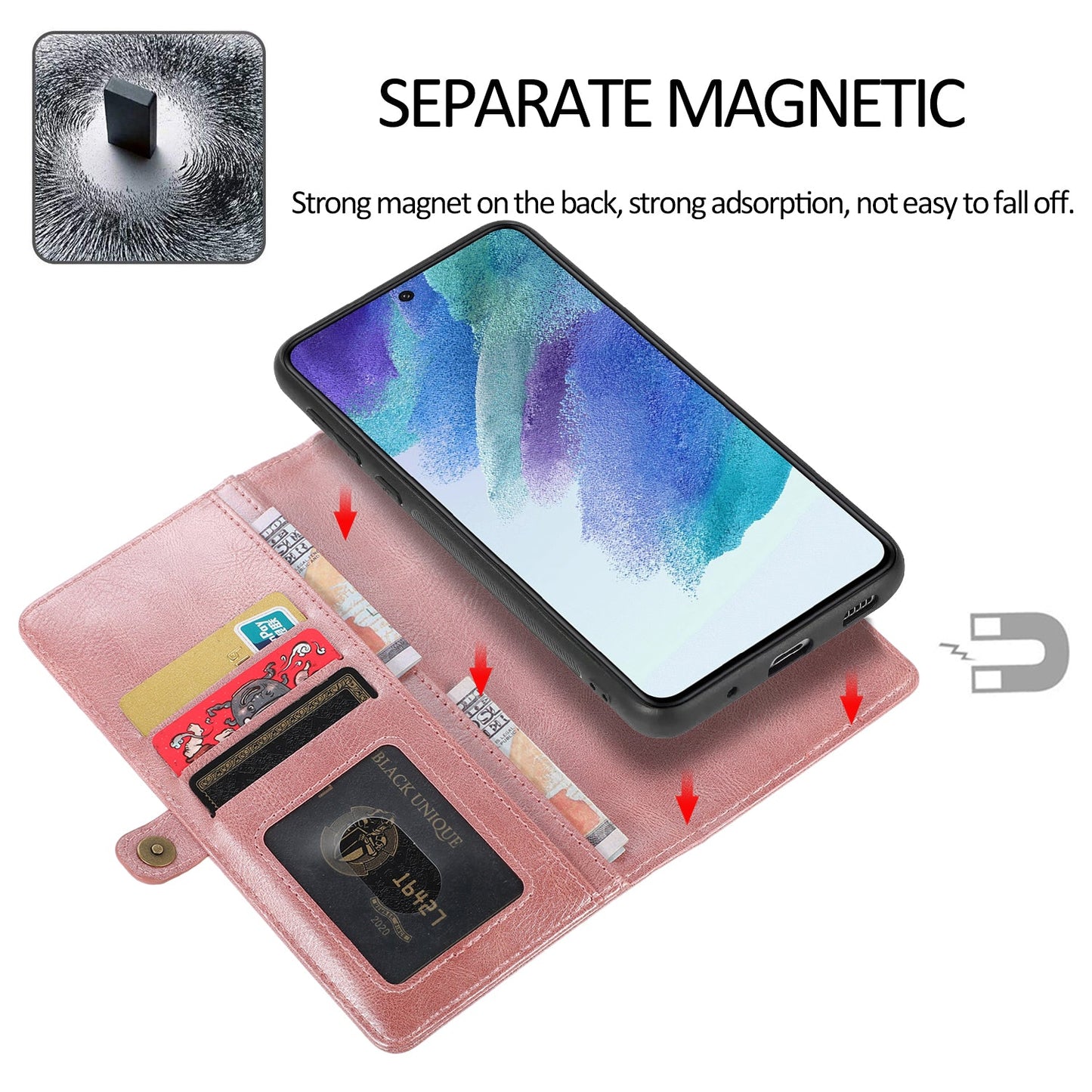 Multifunktionale, aufteilbare magnetische Handyhülle mit Brieftasche für Samsung S21FE