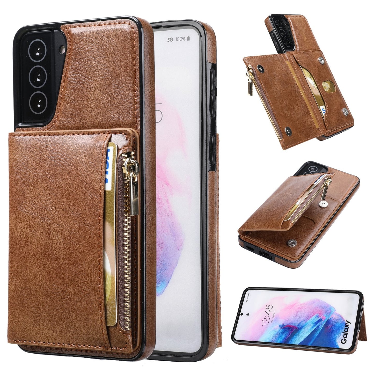 Nouvelle mise à niveau étui portefeuille multifonctionnel avec fermeture éclair pour téléphone Samsung