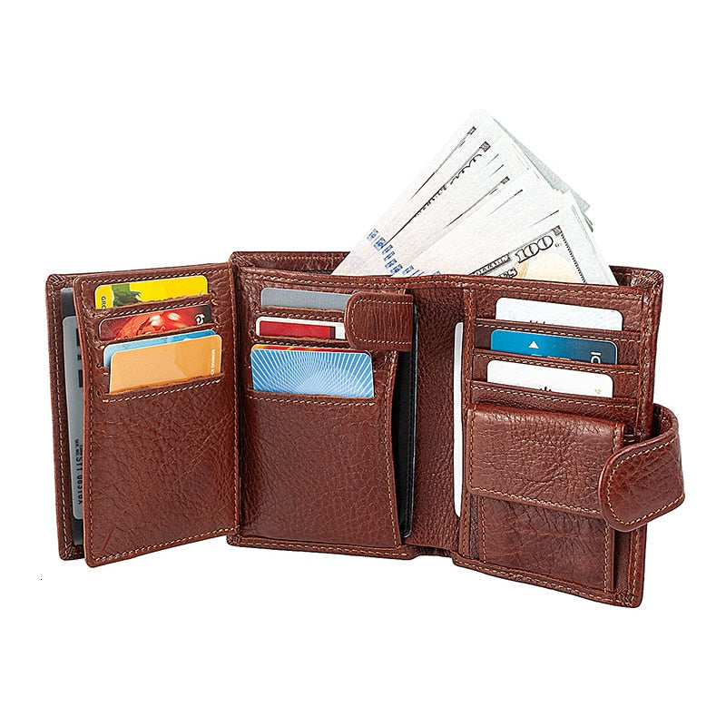 RFID Genuine Leather Card Holder Trifold Men Wallet